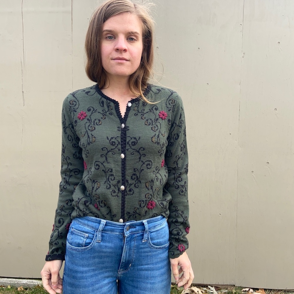 Novica Olive Green Floral Alpaca Wool Cardigan